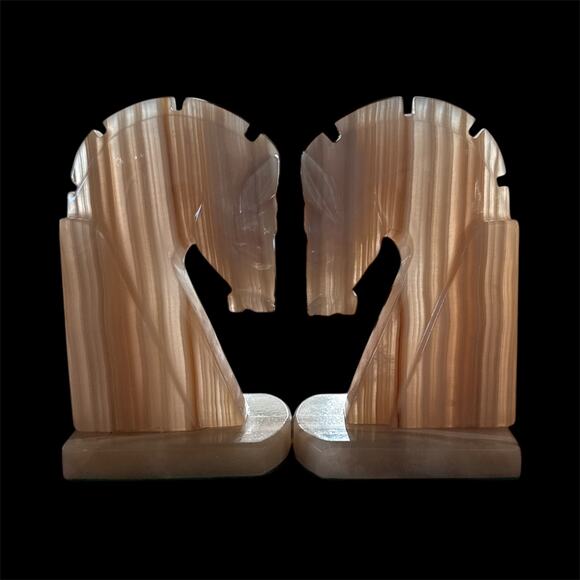 Pair Onyx Marble Trojan Horse Head Bookends 6.25" MCM Aztec Style Vintage Decor - Picture 3 of 8